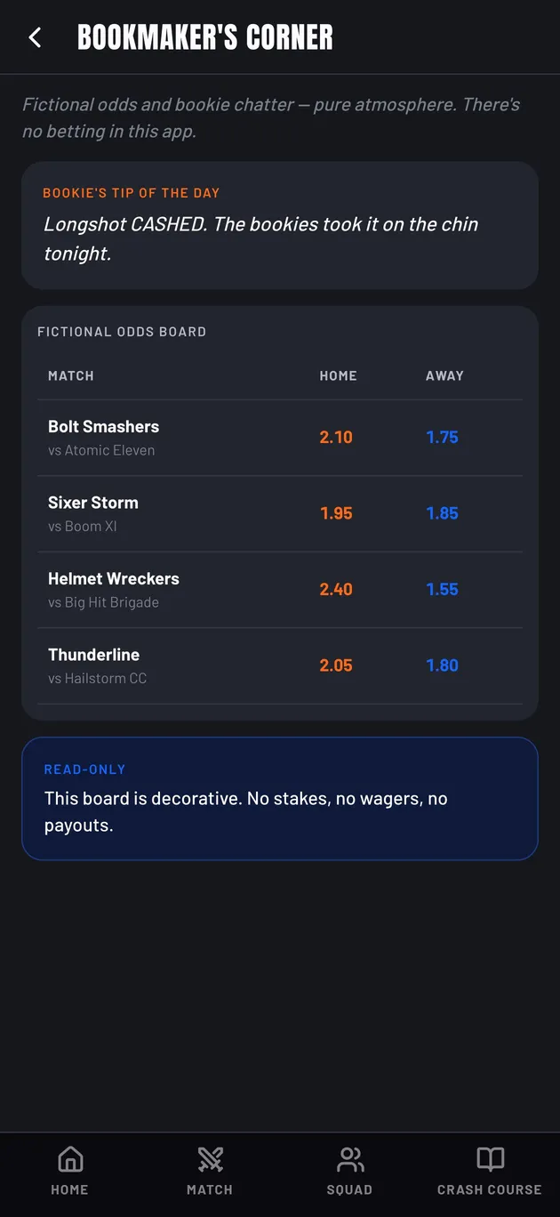 Bookmaker's Corner — read-only fictional odds board